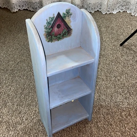 VTG, Blue Birdhouse & Flowers Wall Shelf Decor Handmade Wood And Hand-Painted
